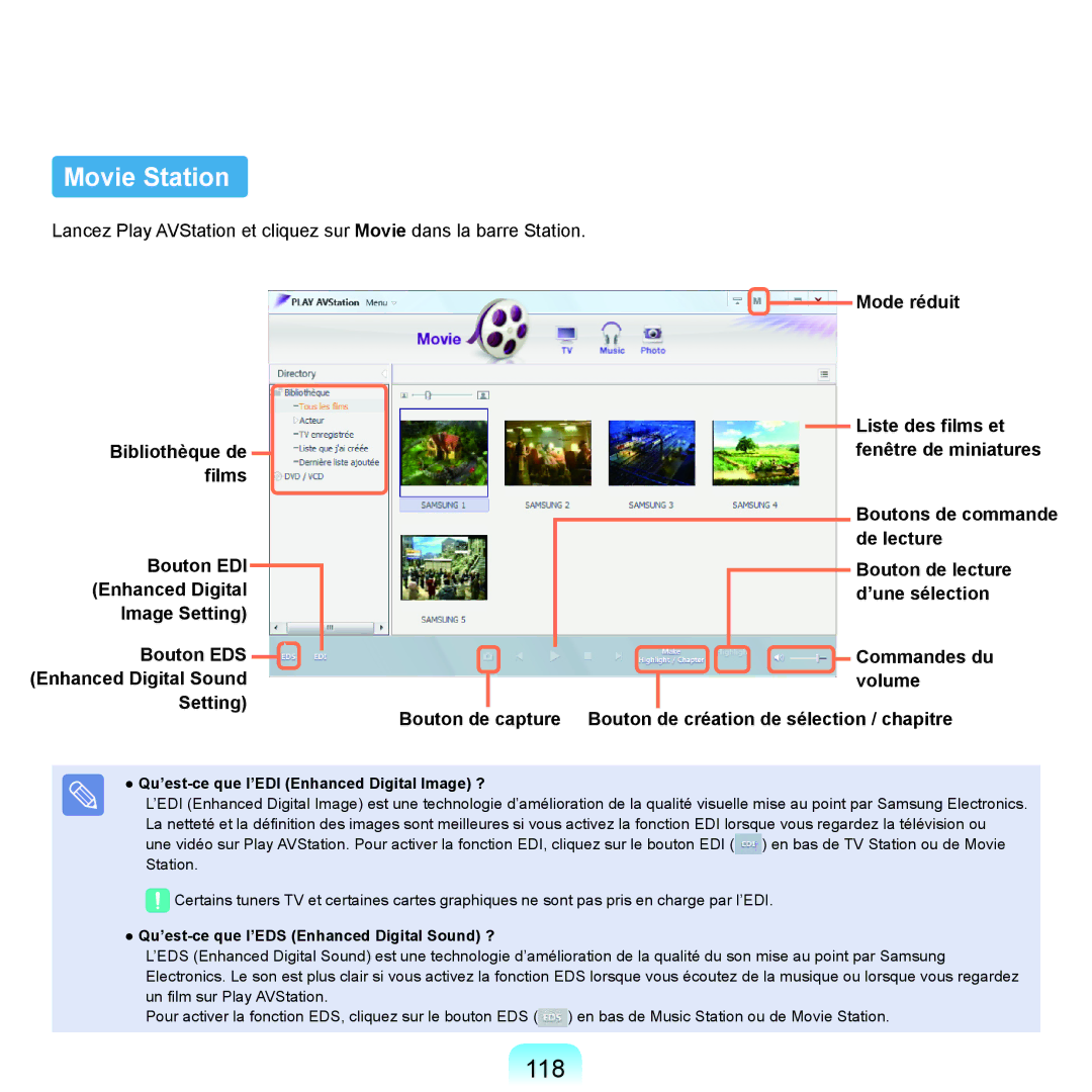 Samsung NP-P200-FA01DE, NP-P200BM/DE, NP-P200-F000DE manual Movie Station, 118, Qu’est-ce que l’EDI Enhanced Digital Image ? 