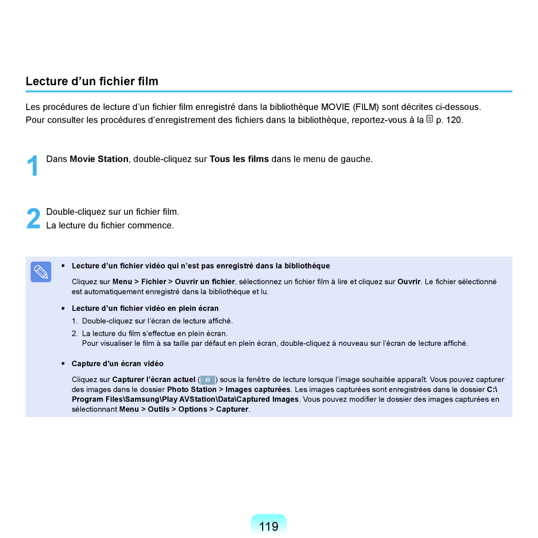 Samsung NP-P200BM/FR 119, Lecture d’un fichier film, Lecture d’un fichier vidéo en plein écran, Capture dun écran vidéo 