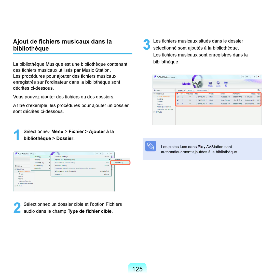 Samsung NP-P200-FA02FR, NP-P200BM/DE, NP-P200-F000DE, NP-P200-FA01FR 125, Ajout de fichiers musicaux dans la bibliothèque 