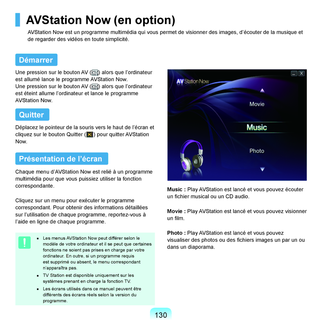 Samsung NP-P200BM/FR, NP-P200BM/DE, NP-P200-F000DE AVStation Now en option, Démarrer, Quitter, Présentation de l’écran, 130 