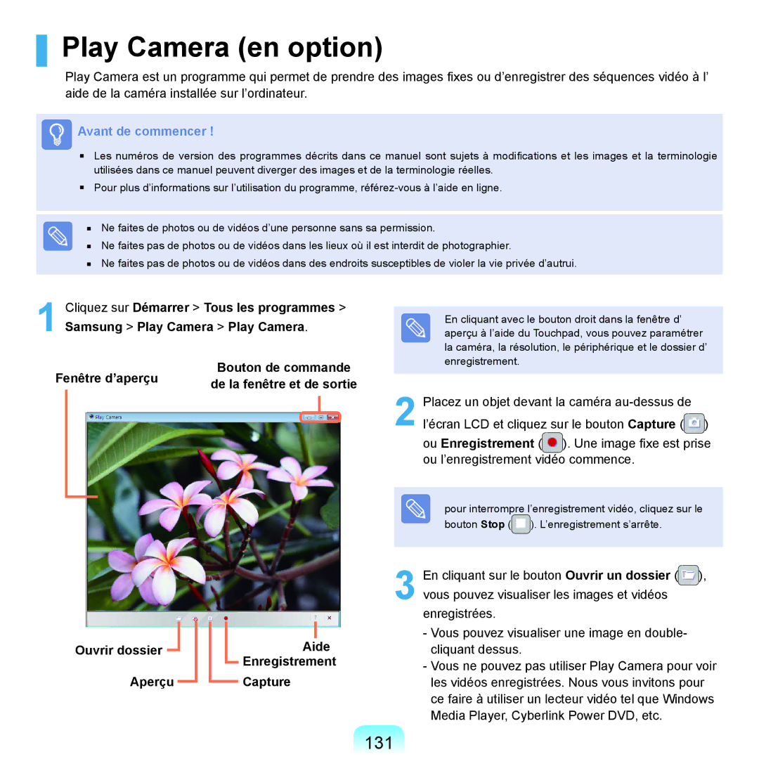 Samsung NP-P200BM/DE, NP-P200-F000DE manual Play Camera en option, 131, Ouvrir dossier Aide Enregistrement Aperçu Capture 