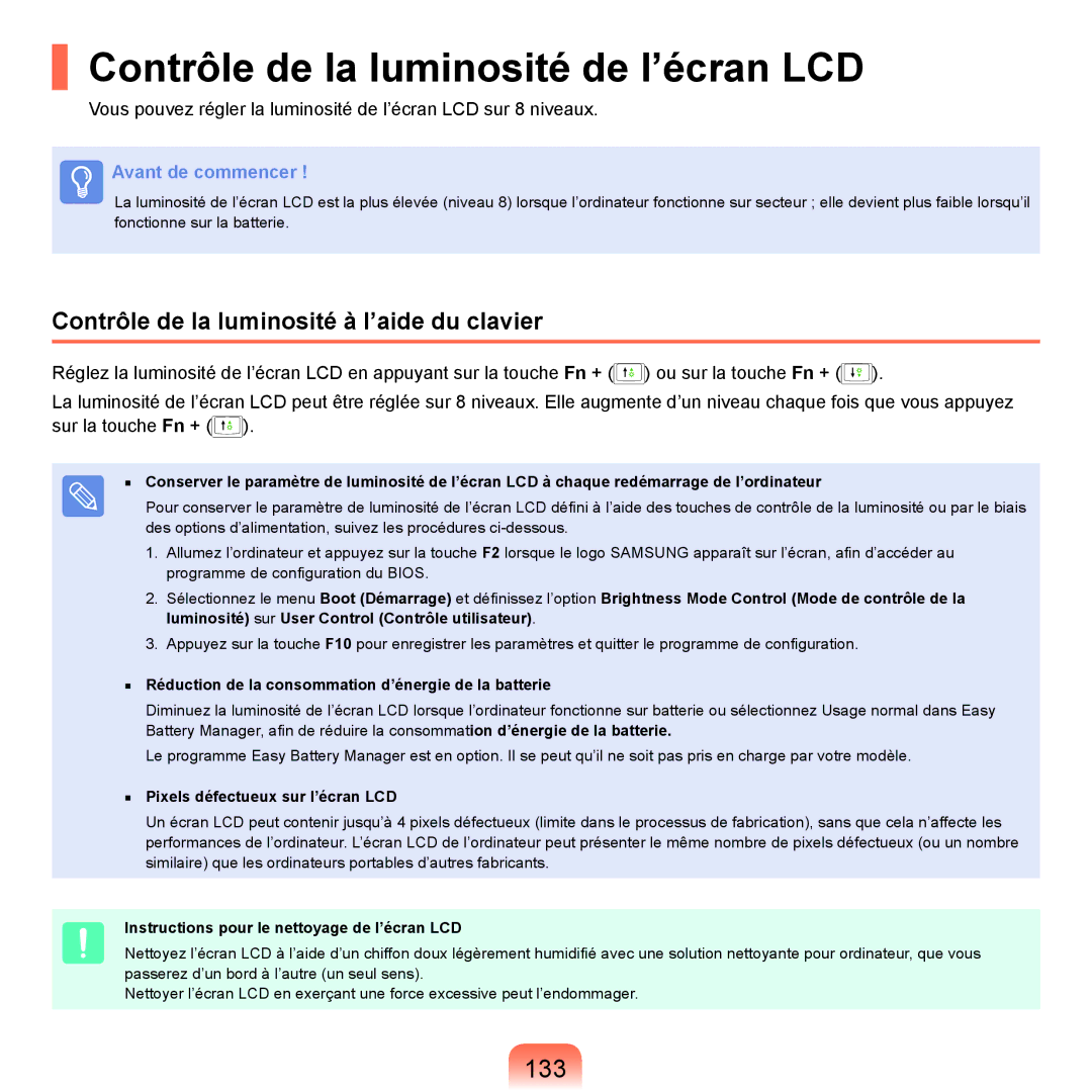 Samsung NP-P200-FA01FR manual Contrôle de la luminosité de l’écran LCD, 133, Contrôle de la luminosité à l’aide du clavier 