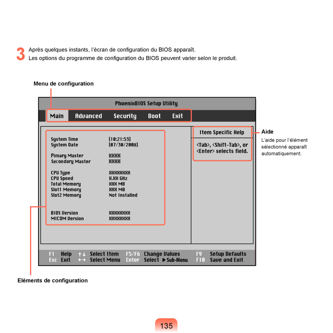 Samsung NP-P200-RA01FR, NP-P200BM/DE, NP-P200-F000DE manual 135, Menu de configuration Aide, Eléments de configuration 