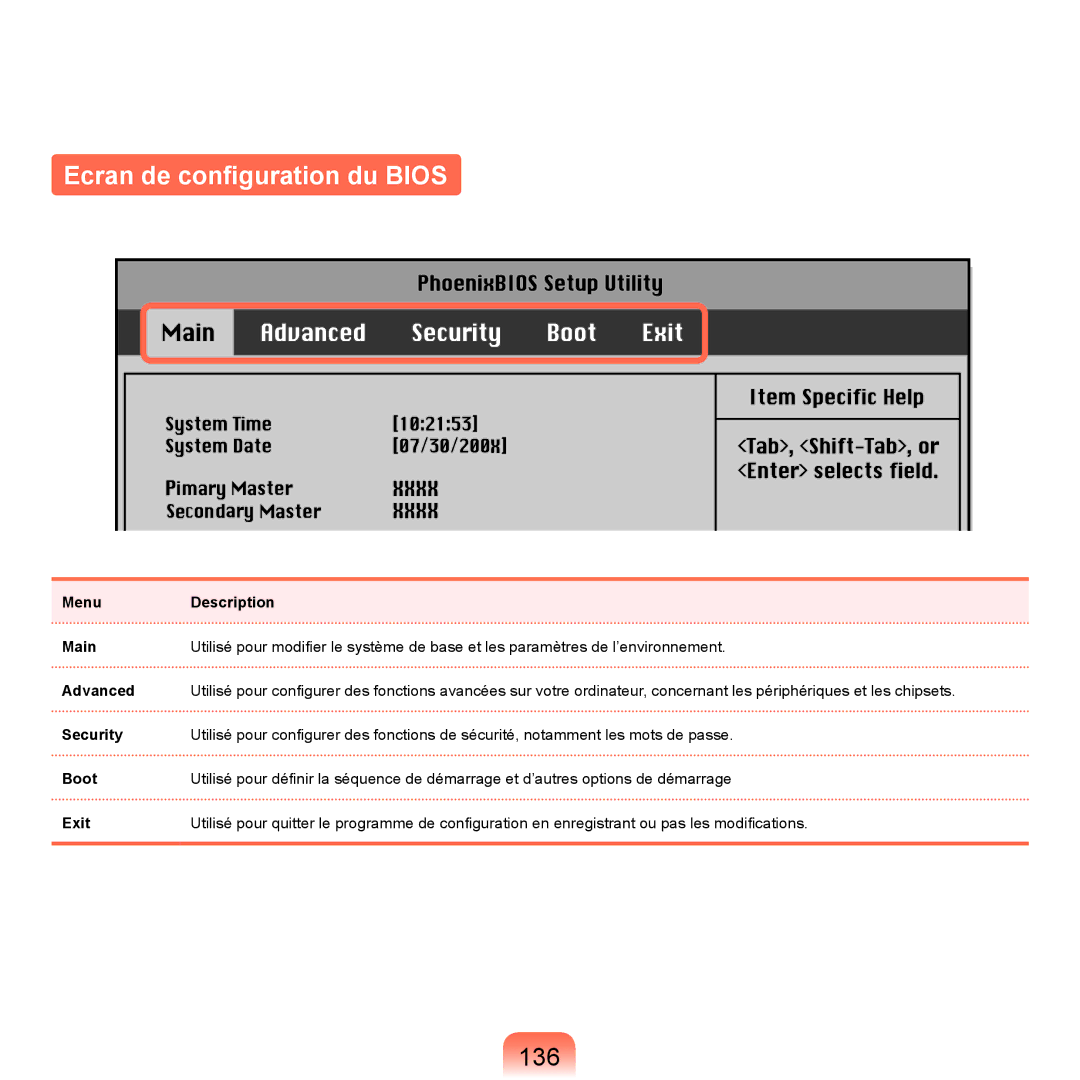 Samsung NP-P200-FA02FR, NP-P200BM/DE, NP-P200-F000DE, NP-P200-FA01FR, NP-P200BM/FR Ecran de configuration du Bios, 136, Menu 