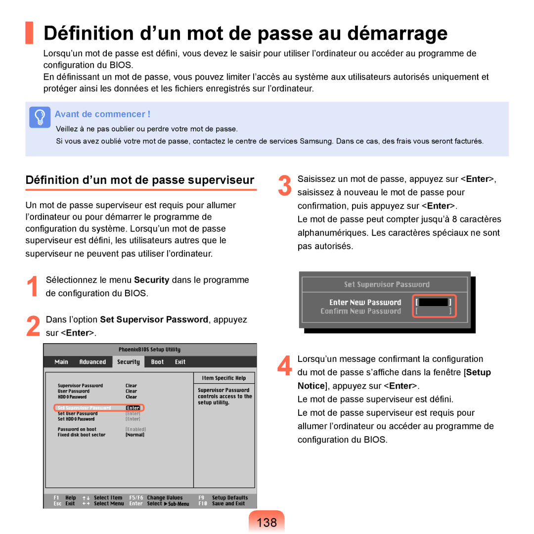 Samsung NP-P200-FA02DE manual Définition d’un mot de passe au démarrage, 138, Définition d’un mot de passe superviseur 