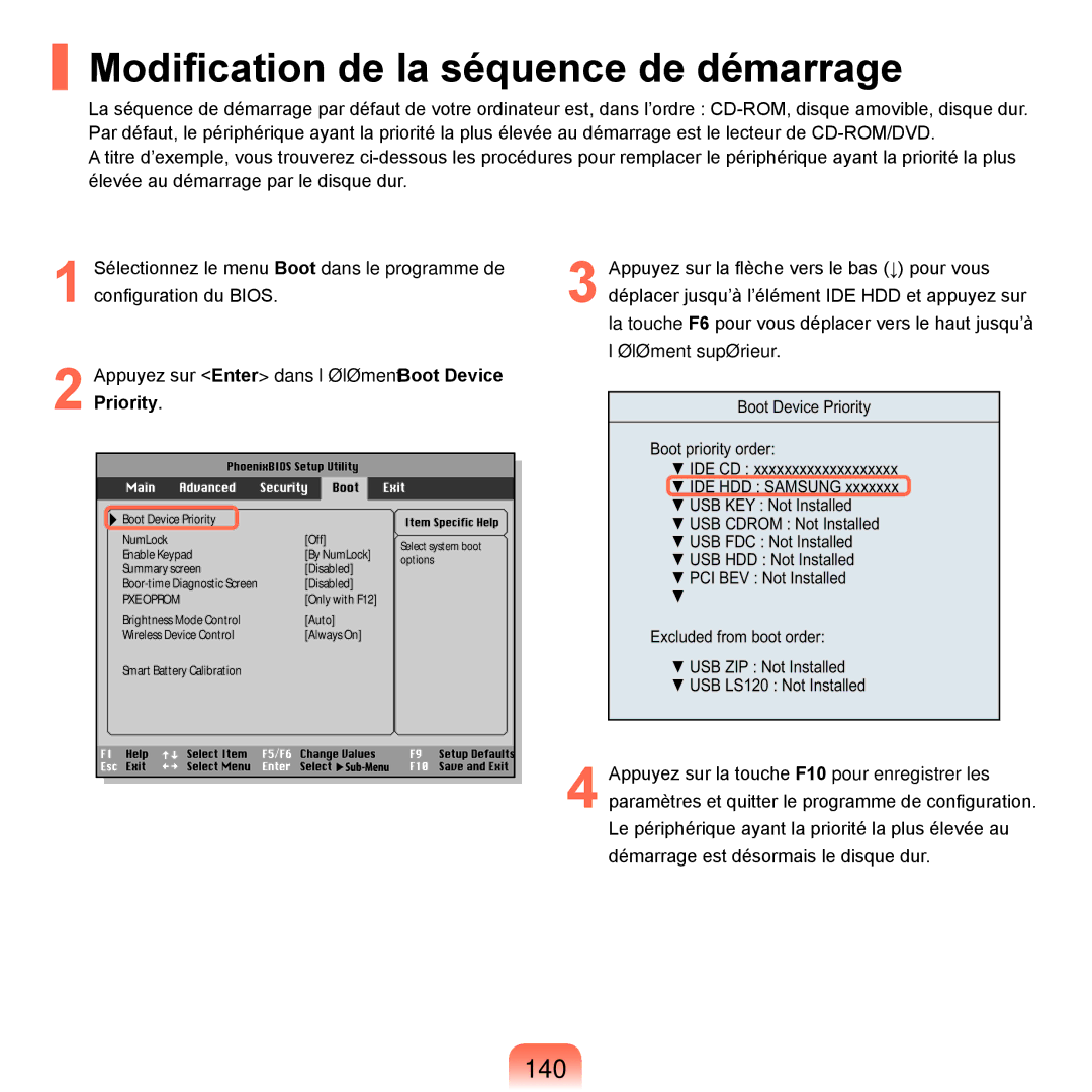 Samsung NP-P200-FA01DE, NP-P200BM/DE, NP-P200-F000DE, NP-P200-FA01FR manual Modification de la séquence de démarrage, 140 