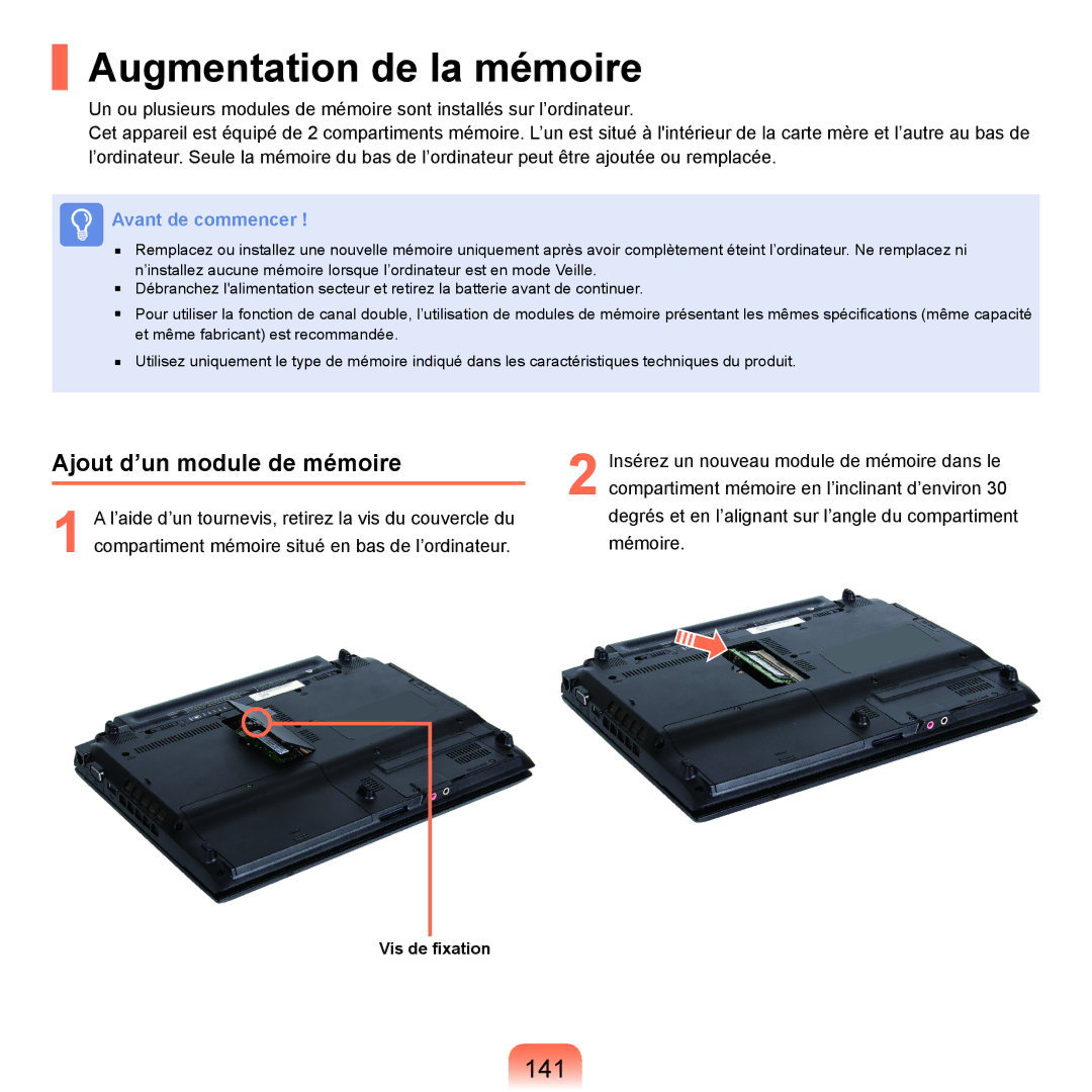 Samsung NP-P200BM/FR, NP-P200BM/DE, NP-P200-F000DE manual Augmentation de la mémoire, 141, Ajout d’un module de mémoire 