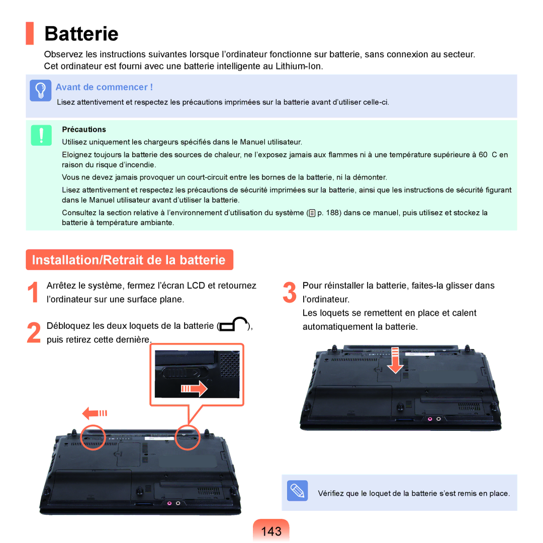 Samsung NP-P200-F000DE, NP-P200BM/DE, NP-P200-FA01FR manual Batterie, Installation/Retrait de la batterie, 143, Précautions 