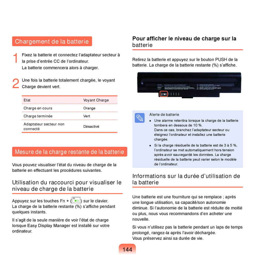 Samsung NP-P200-FA01FR, NP-P200BM/DE Chargement de la batterie, 144, Pour afficher le niveau de charge sur la batterie 