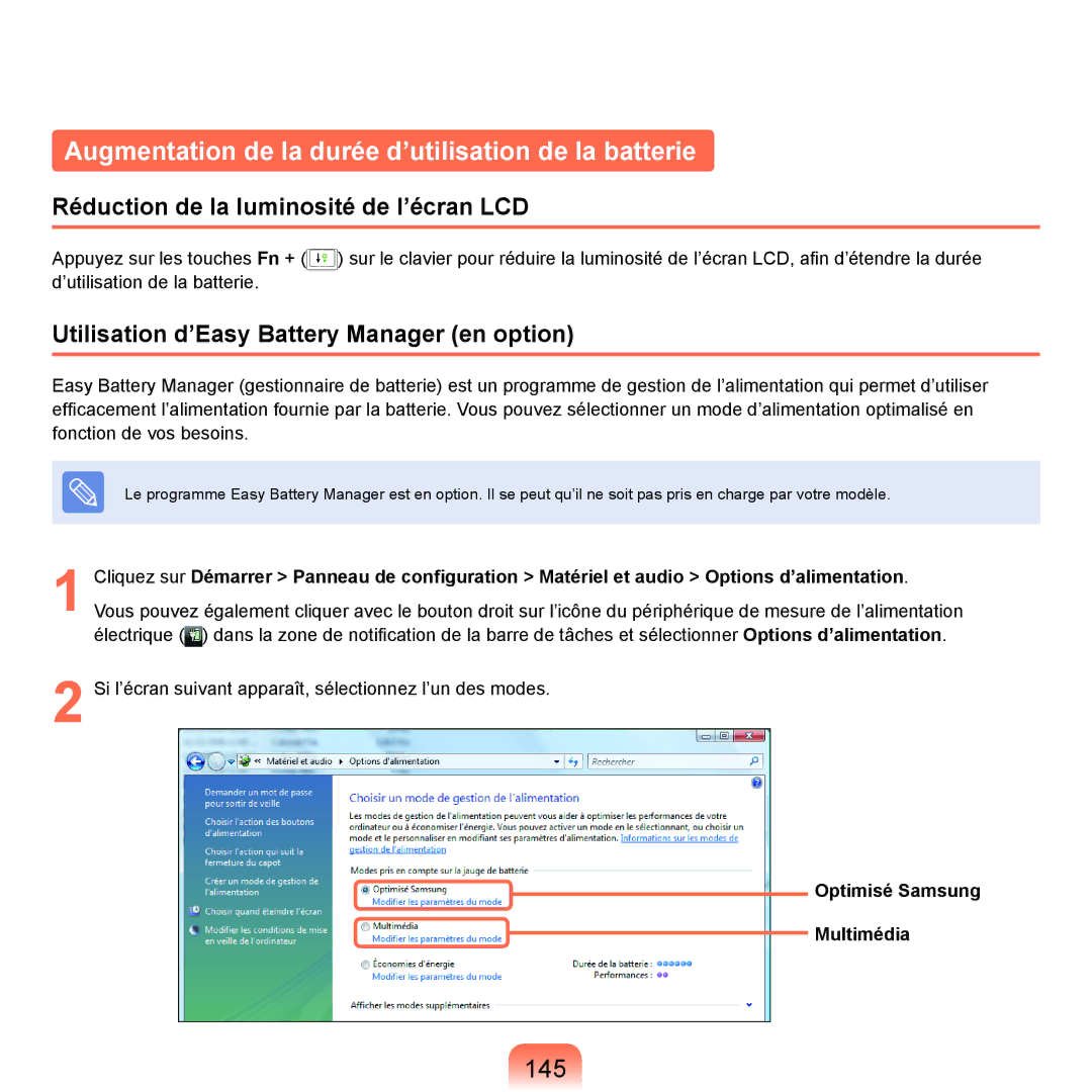 Samsung NP-P200-XA01FR manual Augmentation de la durée d’utilisation de la batterie, 145, Optimisé Samsung Multimédia 