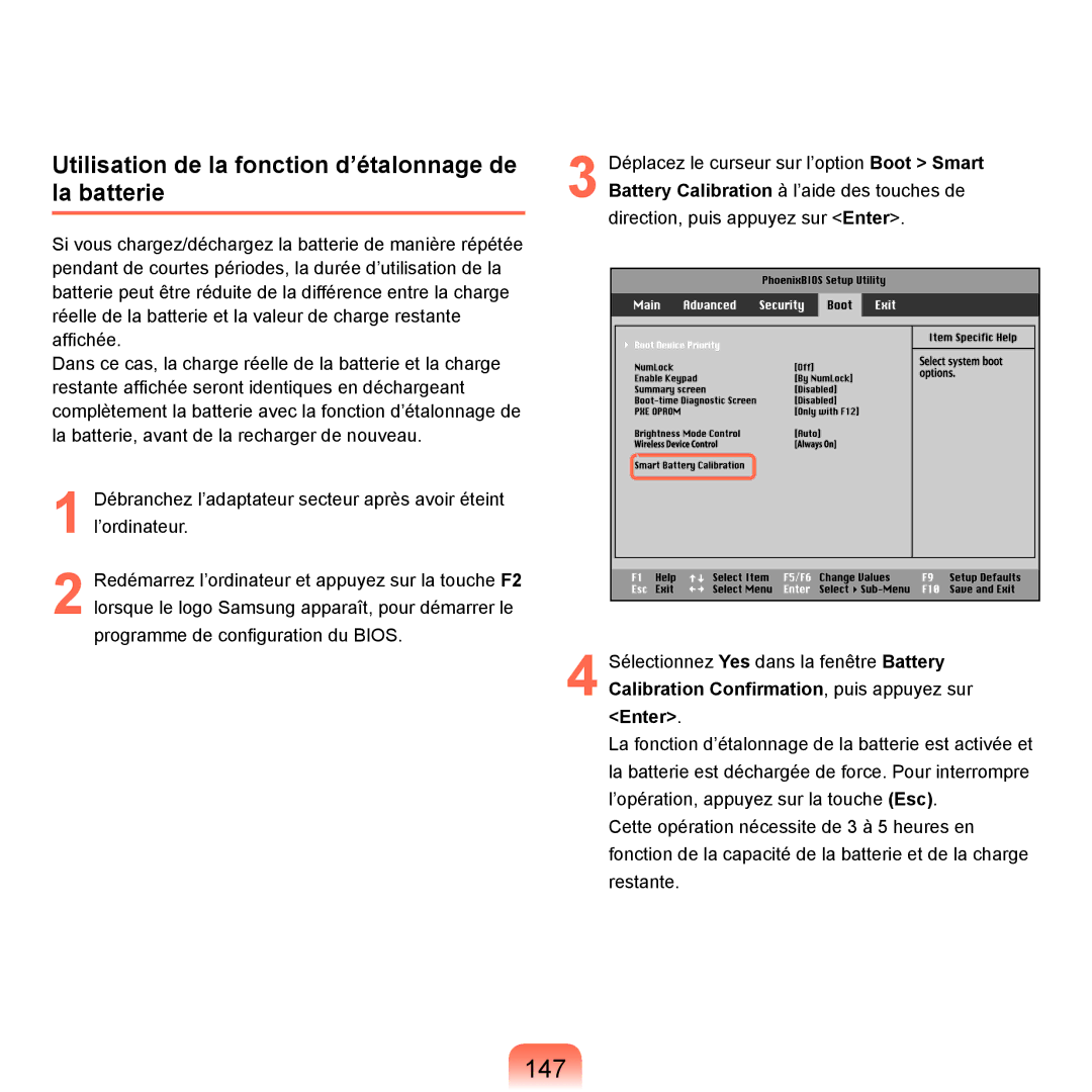 Samsung NP-P200-FA02FR, NP-P200BM/DE, NP-P200-F000DE manual 147, Utilisation de la fonction d’étalonnage de la batterie 