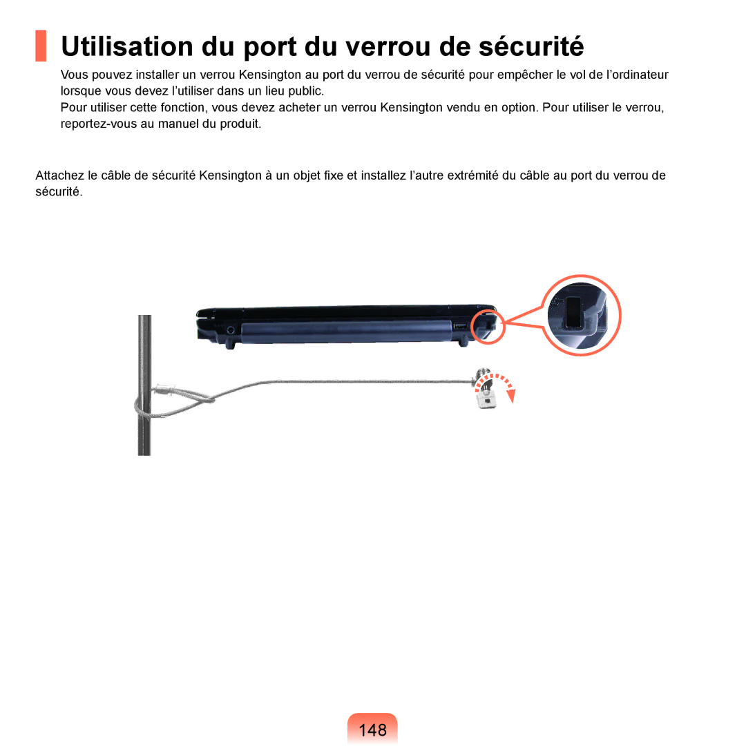 Samsung NP-P200-R000FR, NP-P200BM/DE, NP-P200-F000DE, NP-P200-FA01FR manual Utilisation du port du verrou de sécurité, 148 