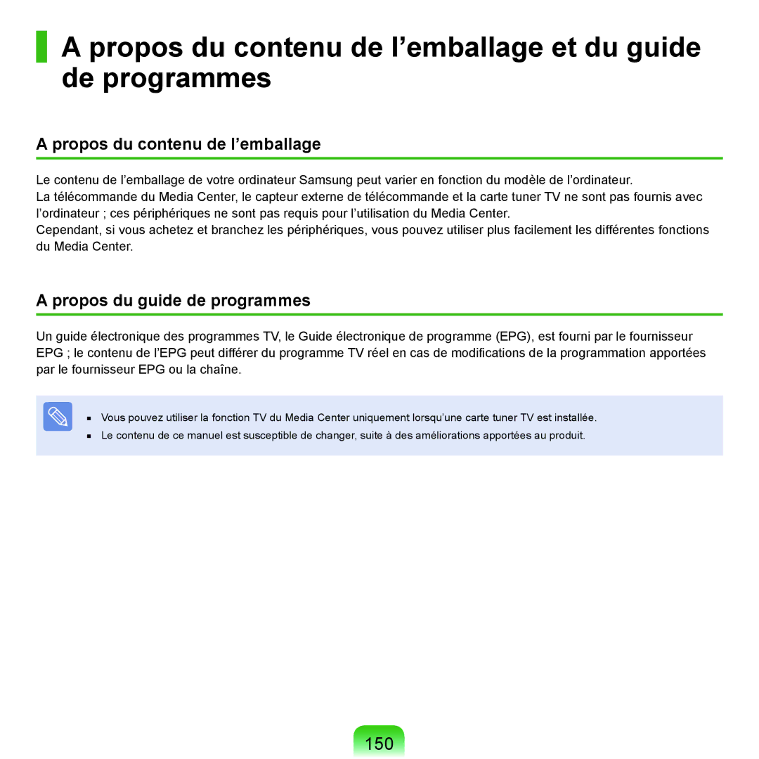 Samsung NP-P200-FA03FR Propos du contenu de l’emballage et du guide de programmes, 150, Propos du guide de programmes 