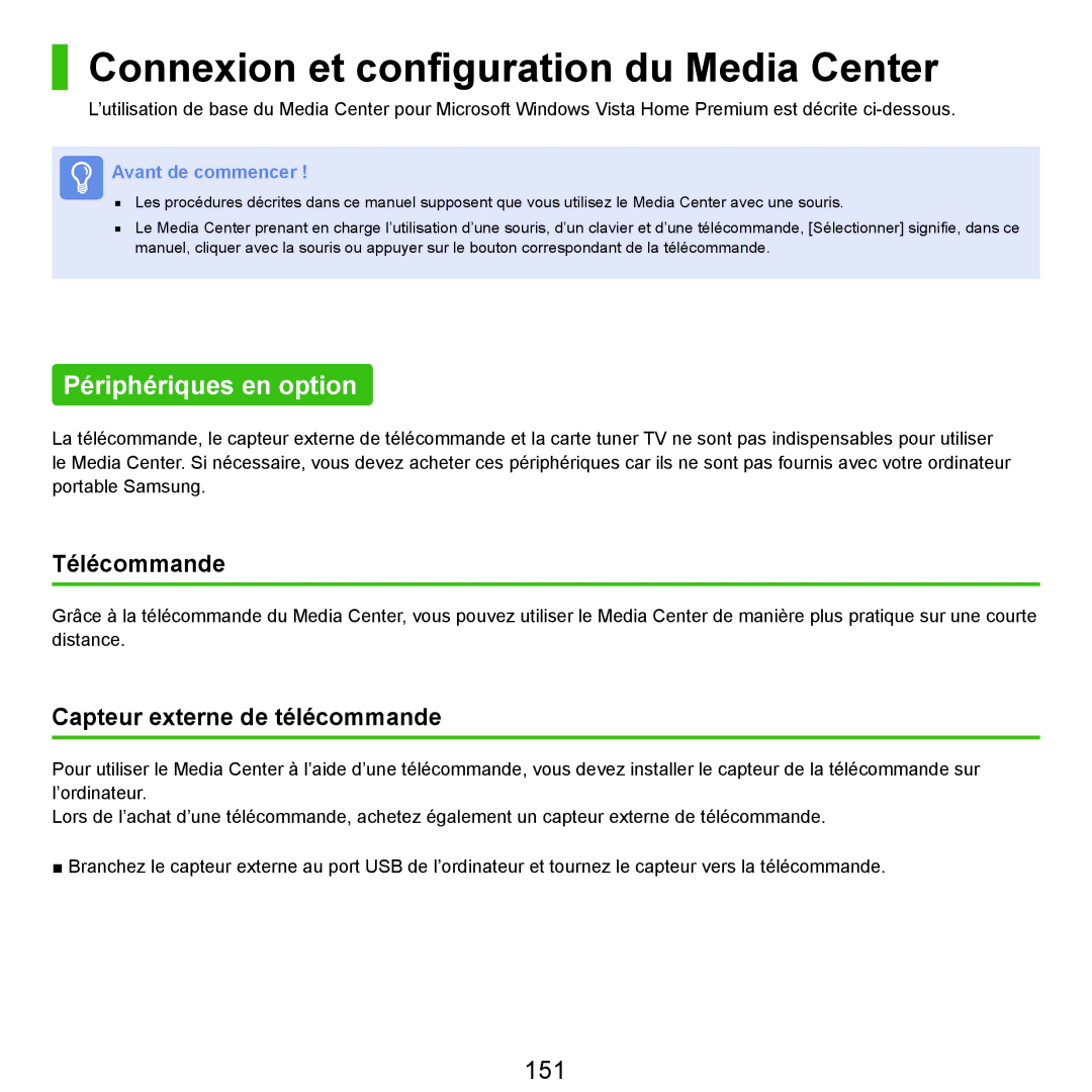 Samsung NP-P200-FA01DE manual Connexion et configuration du Media Center, Périphériques en option, 151, Télécommande 