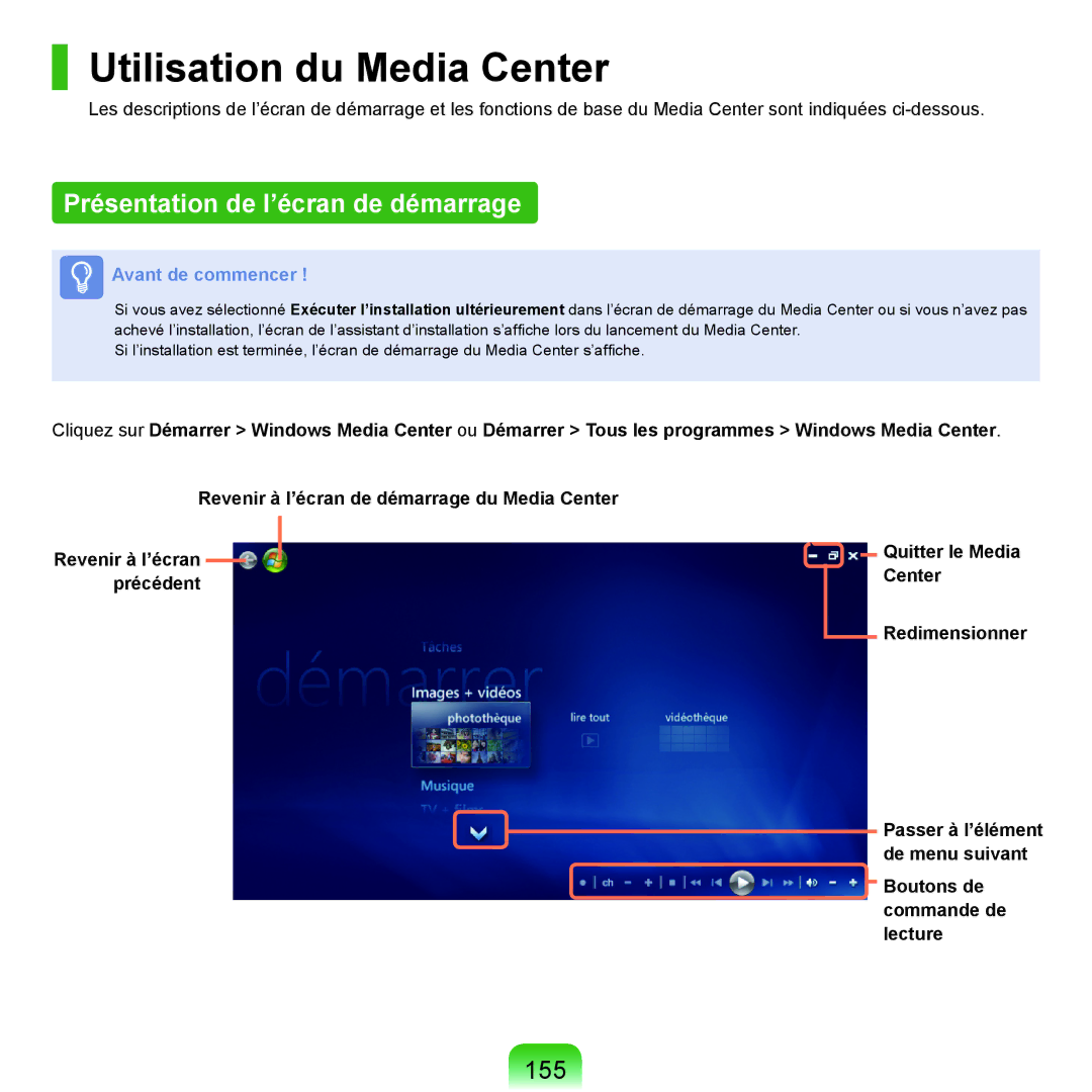 Samsung NP-P200-FA01FR, NP-P200BM/DE, NP-P200-F000DE Utilisation du Media Center, Présentation de l’écran de démarrage, 155 