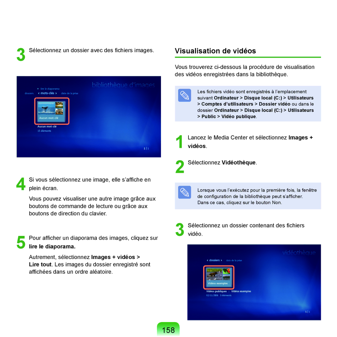 Samsung NP-P200-FA02FR, NP-P200BM/DE, NP-P200-F000DE, NP-P200-FA01FR, NP-P200-XA01FR manual 158, Visualisation de vidéos 