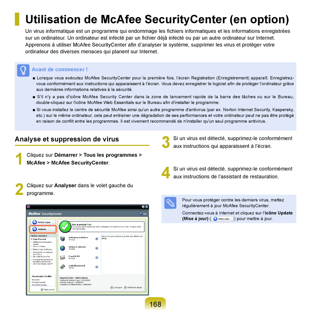 Samsung NP-P200-RA01FR Utilisation de McAfee SecurityCenter en option, 168, Analyse et suppression de virus, Mise à jour 