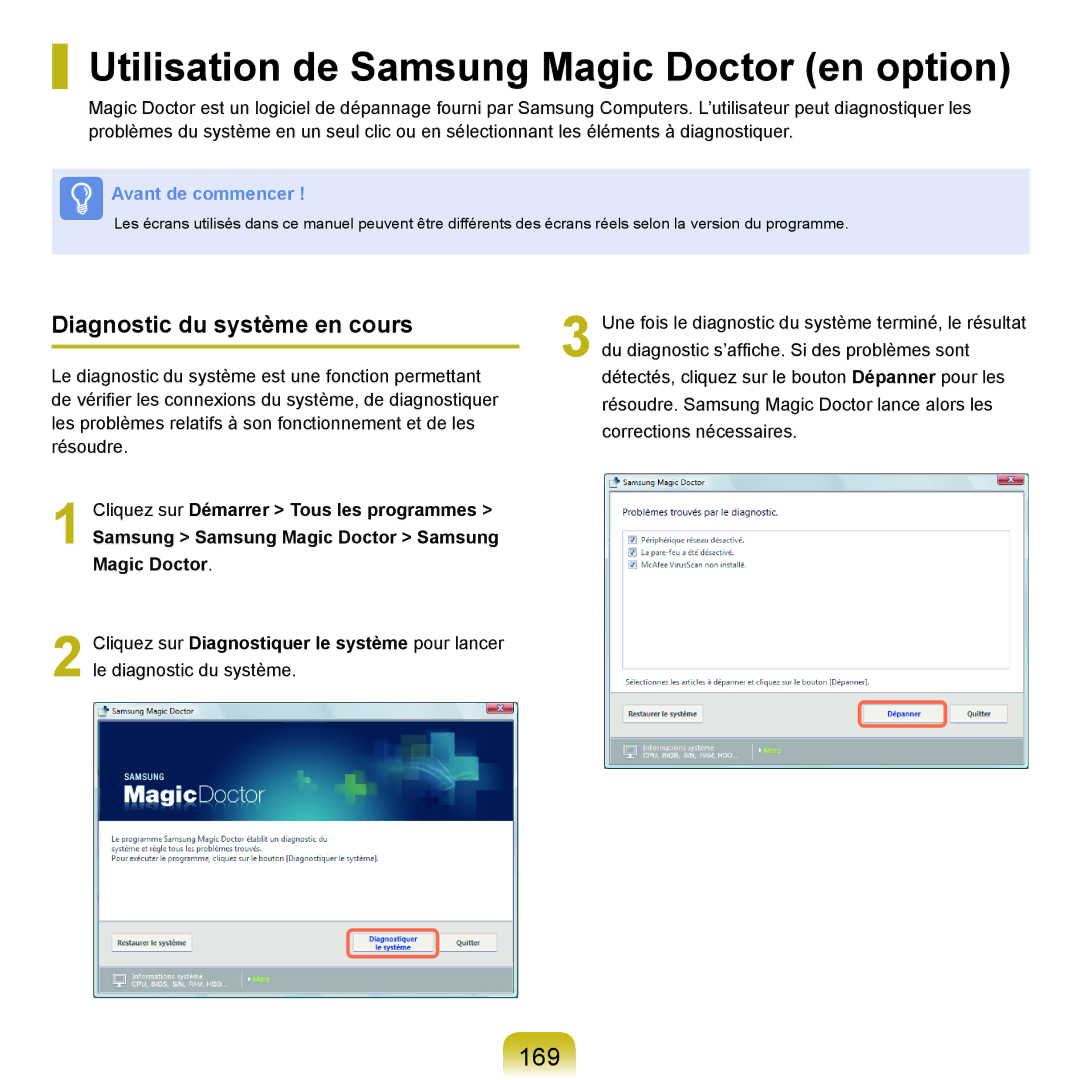 Samsung NP-P200-FA02FR, NP-P200BM/DE Utilisation de Samsung Magic Doctor en option, 169, Diagnostic du système en cours 