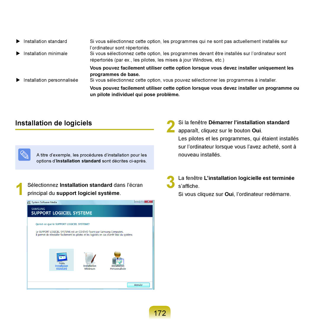 Samsung NP-P200-FA03FR manual 172, Installation de logiciels, La fenêtre L’installation logicielle est terminée s’affiche 