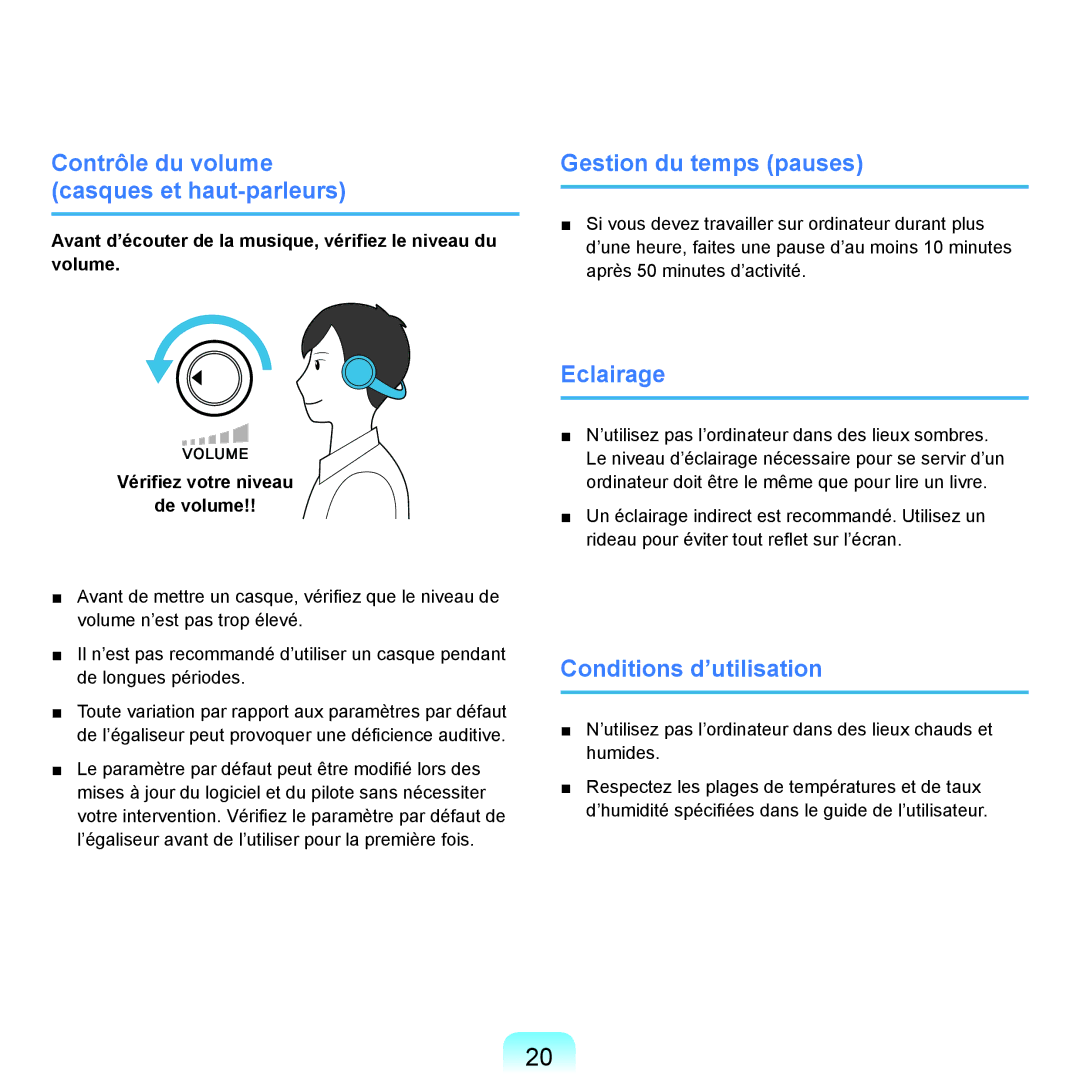 Samsung NP-P200BM/FR, NP-P200BM/DE manual Contrôle du volume casques et haut-parleurs, Gestion du temps pauses, Eclairage 