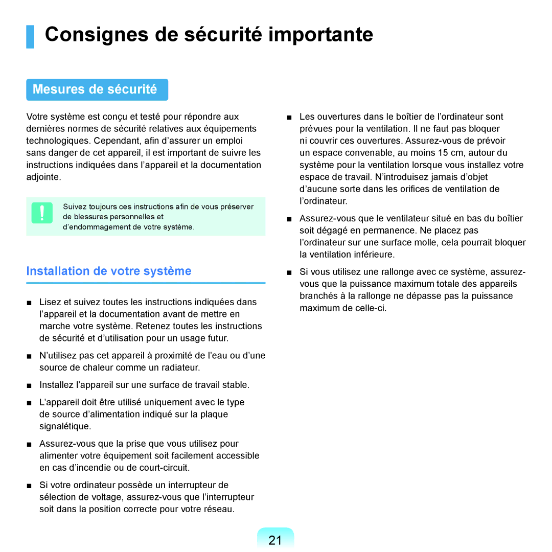 Samsung NP-P200BM/DE, NP-P200-F000DE Consignes de sécurité importante, Mesures de sécurité, Installation de votre système 