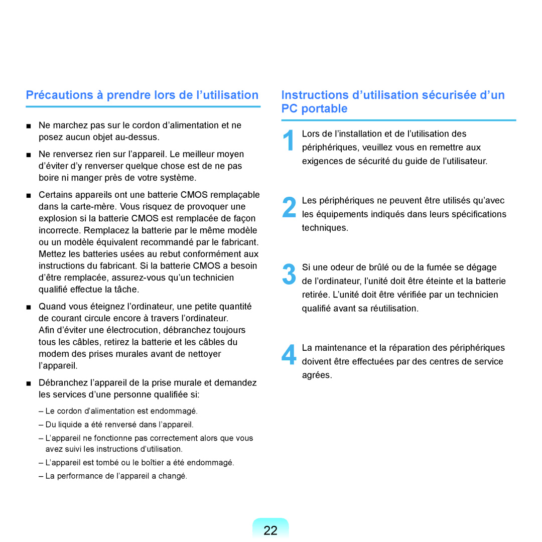 Samsung NP-P200-F000DE Précautions à prendre lors de l’utilisation, Instructions d’utilisation sécurisée d’un PC portable 