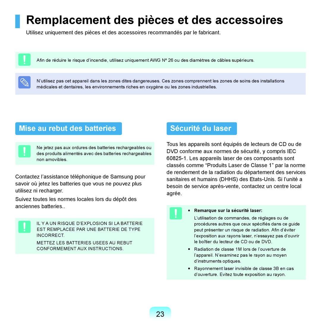 Samsung NP-P200-FA01FR manual Remplacement des pièces et des accessoires, Mise au rebut des batteries, Sécurité du laser 