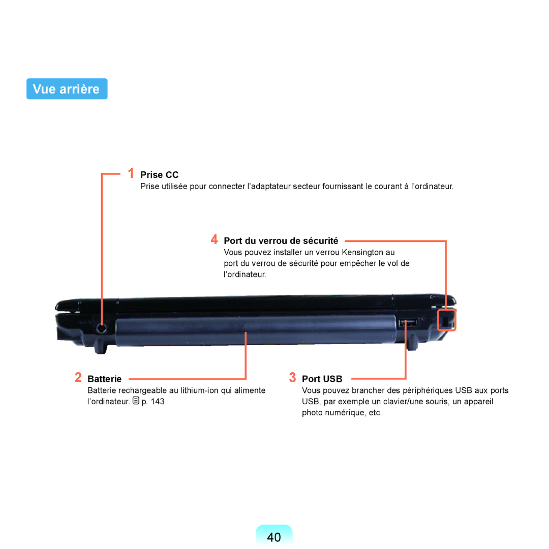 Samsung NP-P200-FA03FR, NP-P200BM/DE, NP-P200-F000DE Vue arrière, Prise CC, Port du verrou de sécurité, Batterie Port USB 