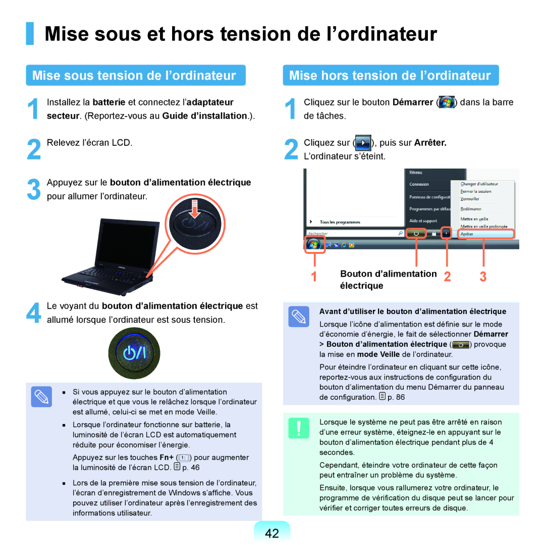 Samsung NP-P200BM/FR, NP-P200BM/DE manual Mise sous et hors tension de l’ordinateur, Mise sous tension de l’ordinateur 