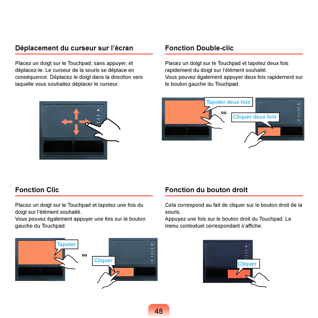 Samsung NP-P200-FA02FR Déplacement du curseur sur l’écran, Fonction Double-clic, Fonction Clic, Fonction du bouton droit 