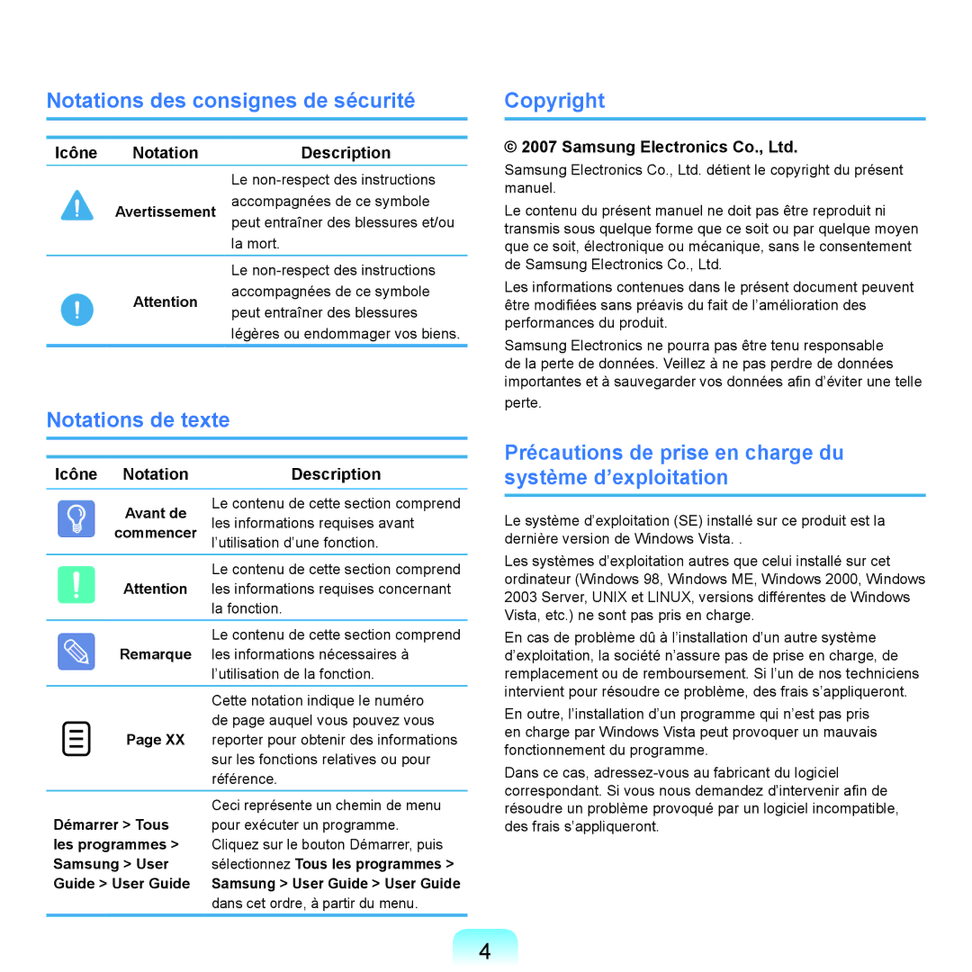 Samsung NP-P200-FA02FR Notations des consignes de sécurité, Notations de texte, Copyright, Icône Notation Description 