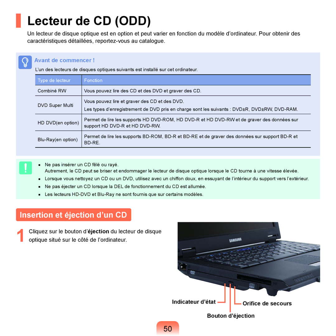 Samsung NP-P200-FA02DE, NP-P200BM/DE, NP-P200-F000DE, NP-P200-FA01FR manual Lecteur de CD ODD, Insertion et éjection d’un CD 