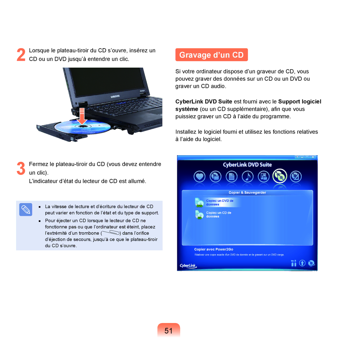 Samsung NP-P200-FA03FR, NP-P200BM/DE, NP-P200-F000DE, NP-P200-FA01FR, NP-P200-XA01FR, NP-P200-RA01FR manual Gravage d’un CD 