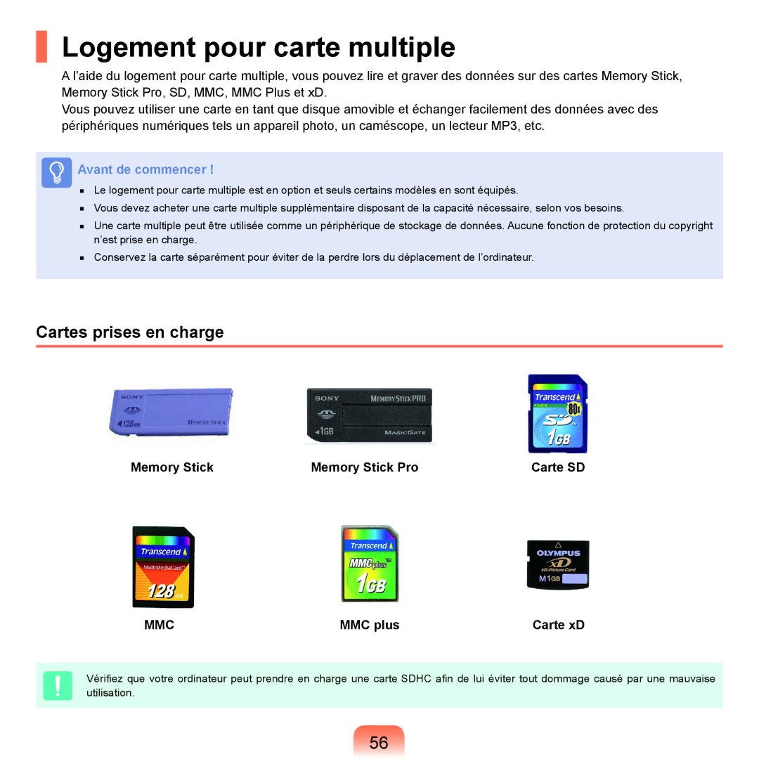 Samsung NP-P200-FA01FR manual Logement pour carte multiple, Cartes prises en charge, Memory Stick Memory Stick Pro Carte SD 