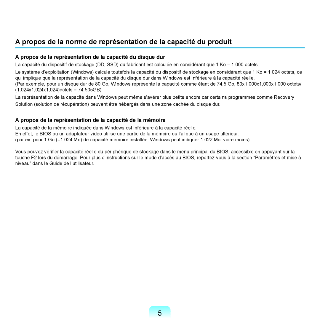 Samsung NP-P200-R000FR, NP-P200BM/DE, NP-P200-F000DE, NP-P200BM/FR Propos de la représentation de la capacité du disque dur 