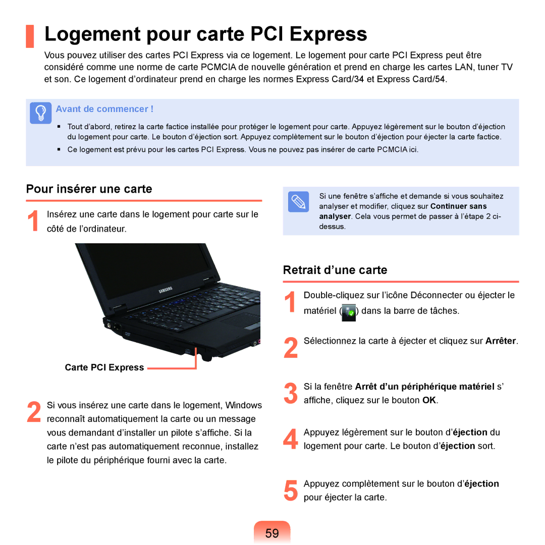 Samsung NP-P200-FA02FR Logement pour carte PCI Express, Pour insérer une carte, Retrait d’une carte, Carte PCI Express 