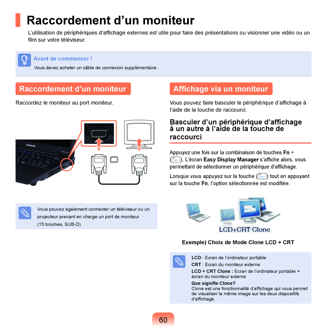 Samsung NP-P200-R000FR manual Raccordement d’un moniteur, Affichage via un moniteur, Exemple Choix de Mode Clone LCD + CRT 