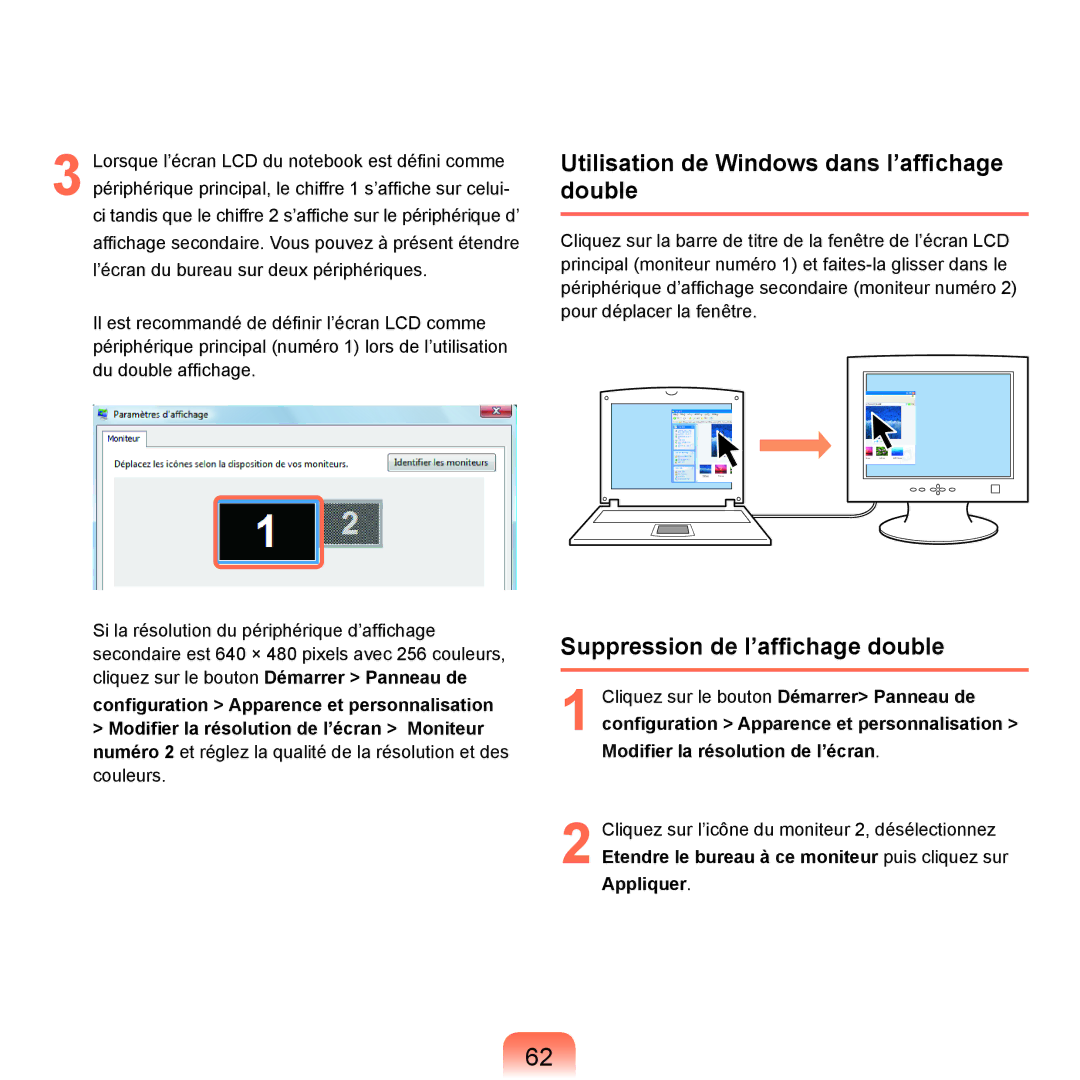 Samsung NP-P200-FA03FR, NP-P200BM/DE Utilisation de Windows dans l’affichage double, Suppression de l’affichage double 