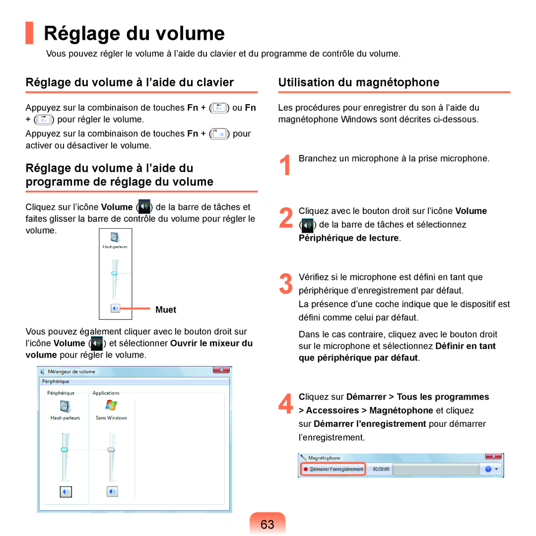 Samsung NP-P200-FA01DE, NP-P200BM/DE, NP-P200-F000DE Réglage du volume à l’aide du clavier, Utilisation du magnétophone 