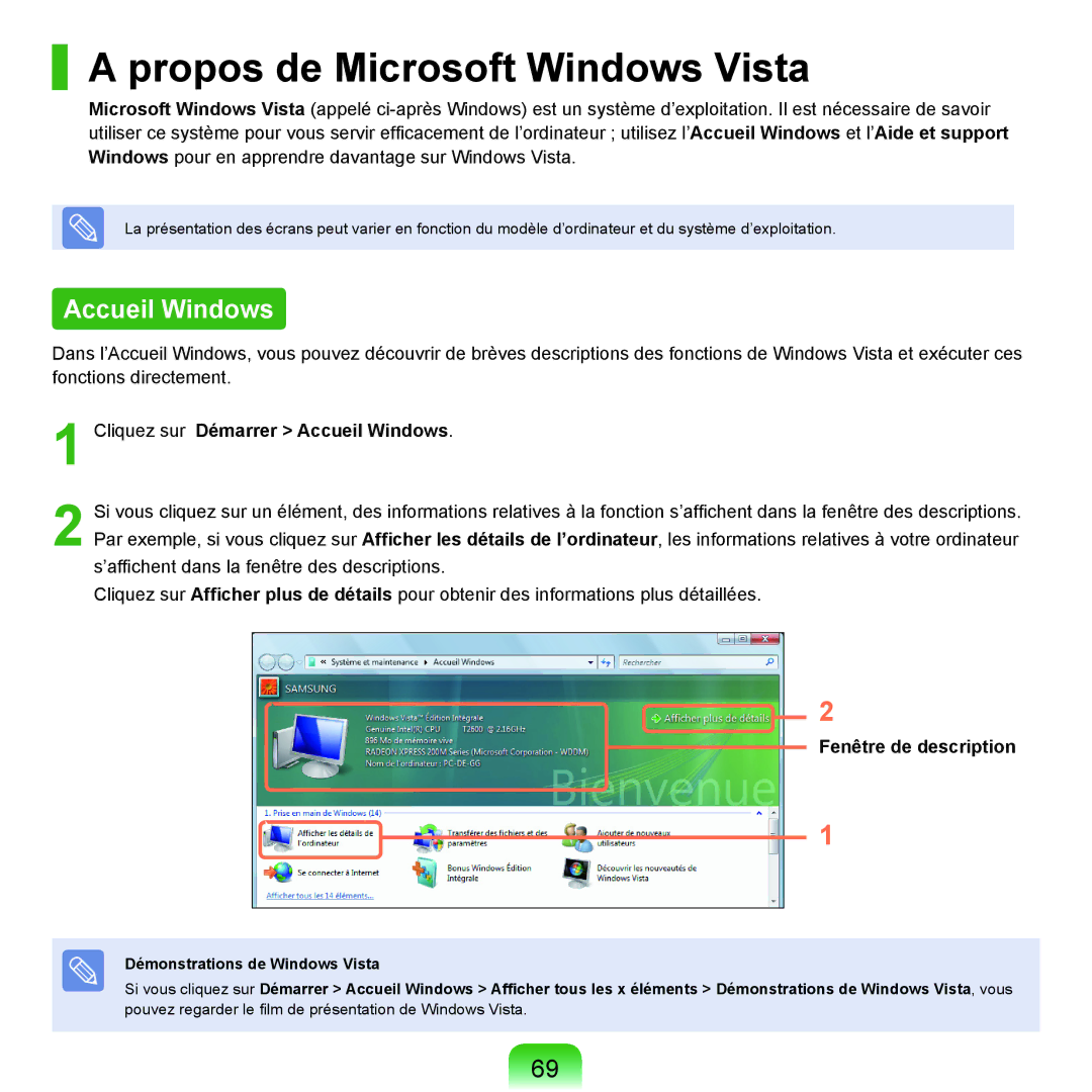 Samsung NP-P200-RA01FR Propos de Microsoft Windows Vista, Cliquez sur Démarrer Accueil Windows, Fenêtre de description 