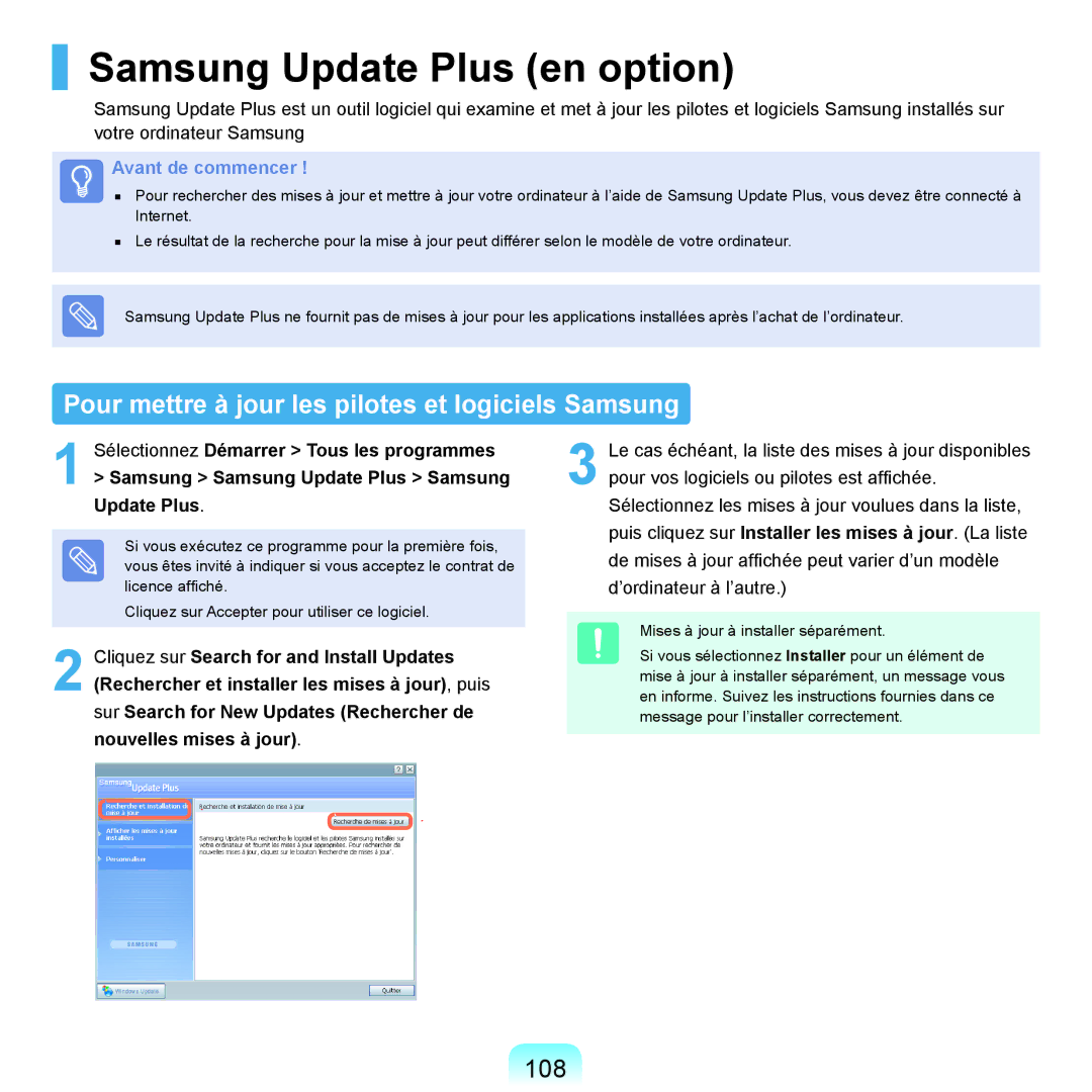 Samsung NP-P200BM/FR, NP-P200BM/DE Samsung Update Plus en option, Pour mettre à jour les pilotes et logiciels Samsung, 108 