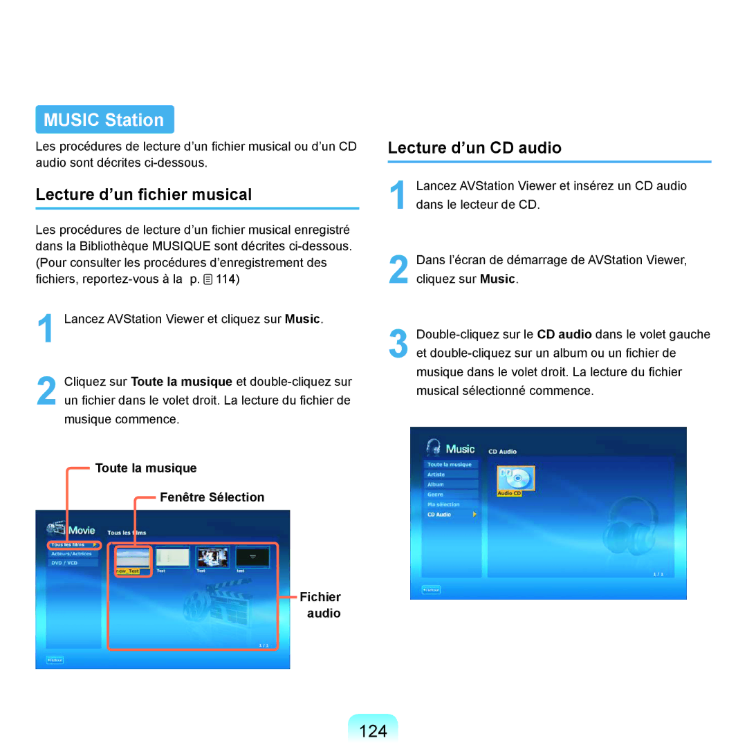 Samsung NP-P200-RA01FR, NP-P200BM/DE, NP-P200-F000DE, NP-P200-FA01FR 124, Toute la musique Fenêtre Sélection Fichier audio 