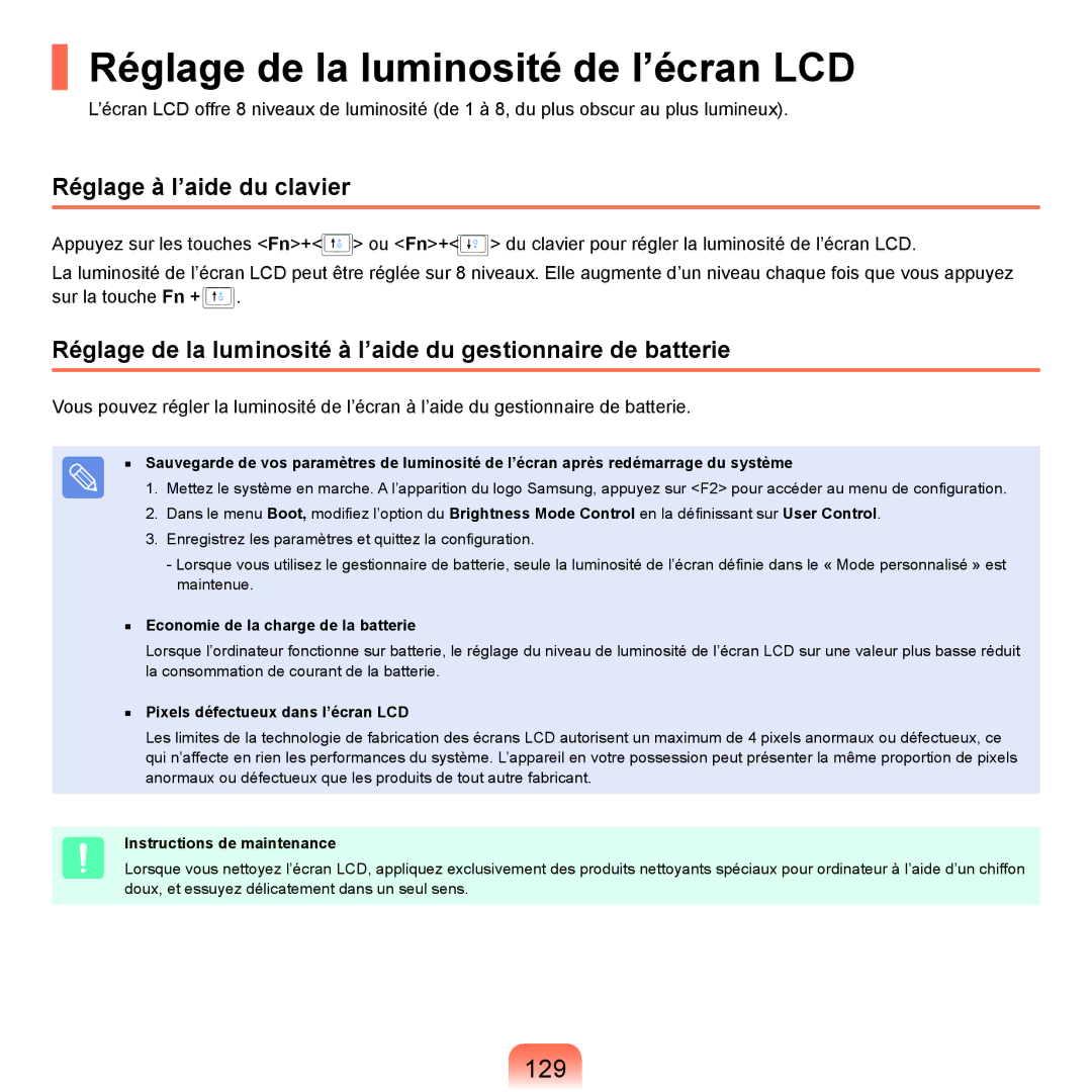 Samsung NP-P200-FA01DE, NP-P200BM/DE manual Réglage de la luminosité de l’écran LCD, 129, Réglage à l’aide du clavier 