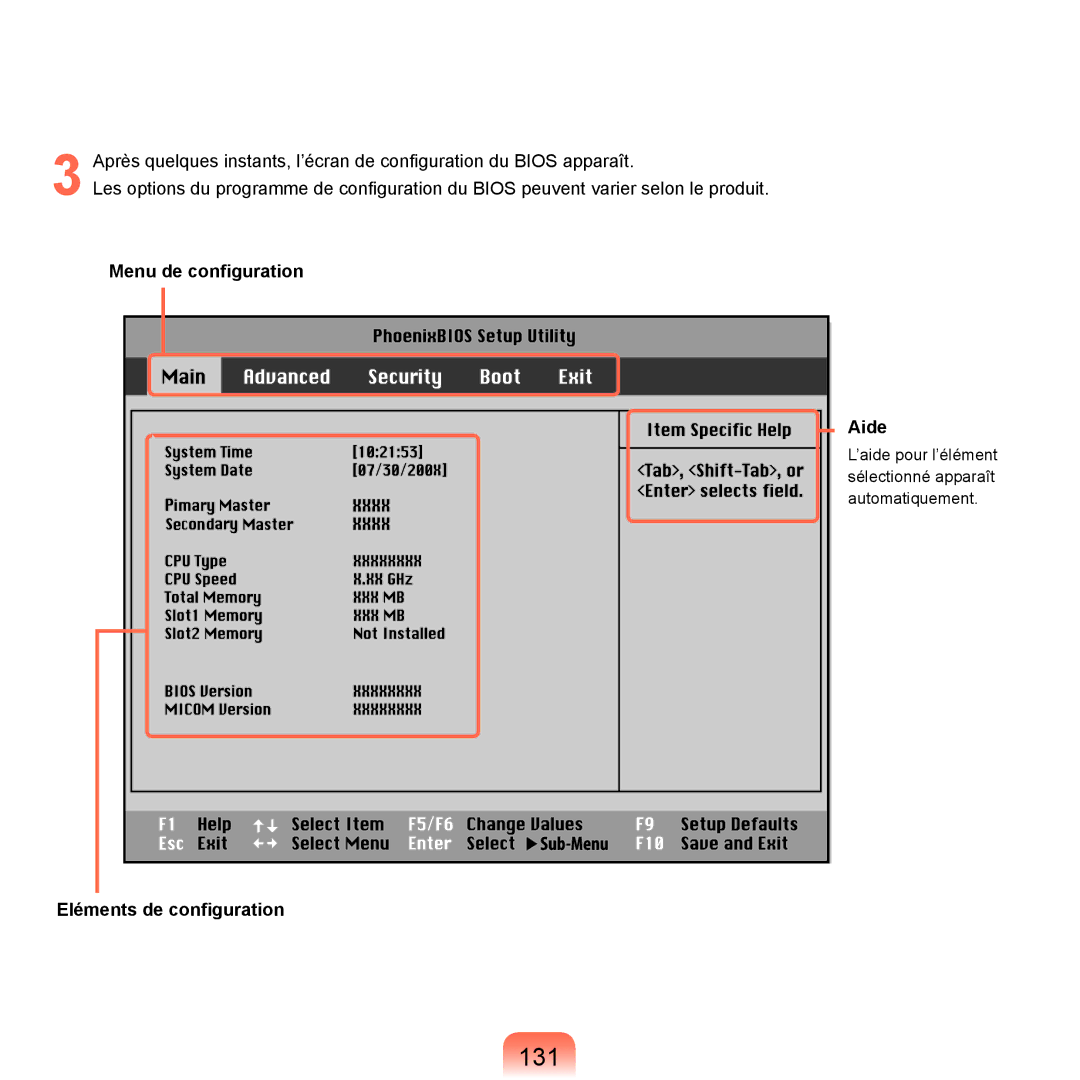 Samsung NP-P200BM/DE, NP-P200-F000DE, NP-P200-FA01FR manual 131, Menu de configuration Aide, Eléments de configuration 