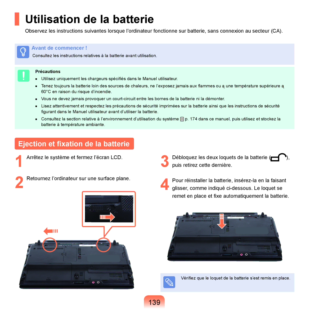 Samsung NP-P200-FA03FR, NP-P200BM/DE Utilisation de la batterie, Ejection et fixation de la batterie, 139, Précautions 