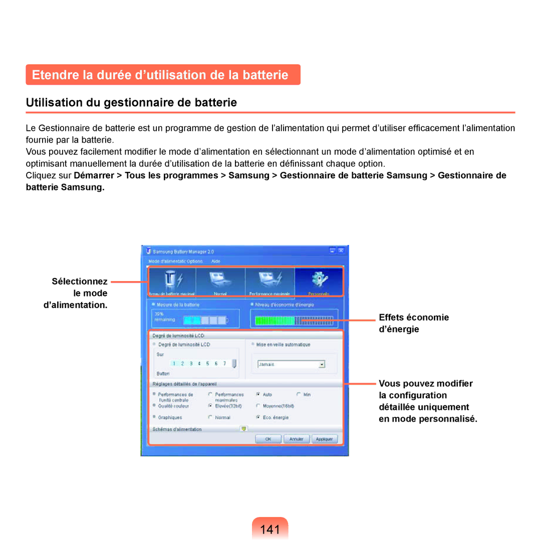 Samsung NP-P200BM/FR manual Etendre la durée d’utilisation de la batterie, 141, Utilisation du gestionnaire de batterie 