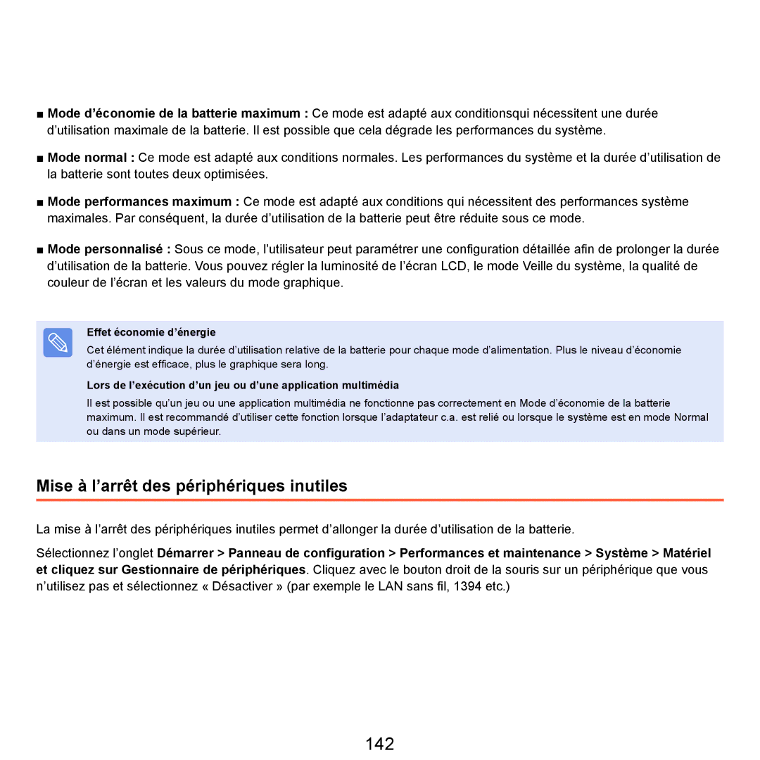 Samsung NP-P200BM/DE, NP-P200-F000DE, NP-P200BM/FR 142, Mise à l’arrêt des périphériques inutiles, Effet économie d’énergie 