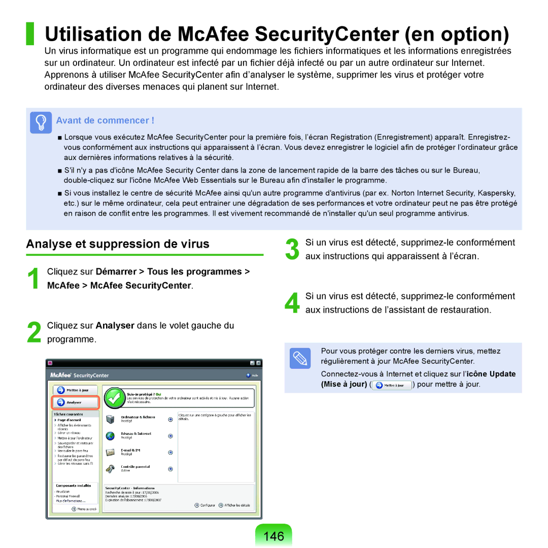 Samsung NP-P200-RA01FR Utilisation de McAfee SecurityCenter en option, 146, Analyse et suppression de virus, Mise à jour 