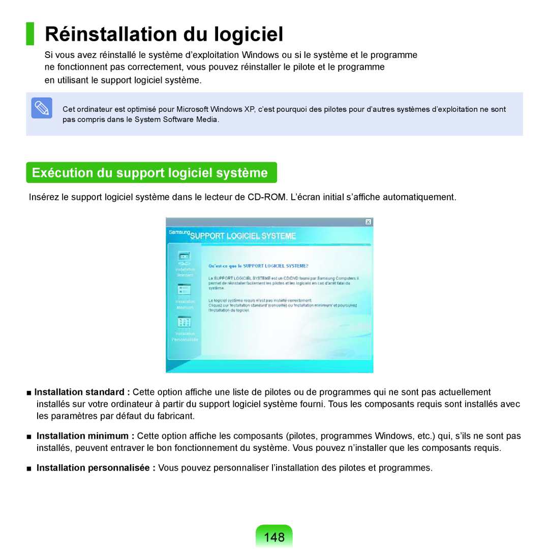 Samsung NP-P200-R000FR, NP-P200BM/DE, NP-P200-F000DE Réinstallation du logiciel, Exécution du support logiciel système, 148 