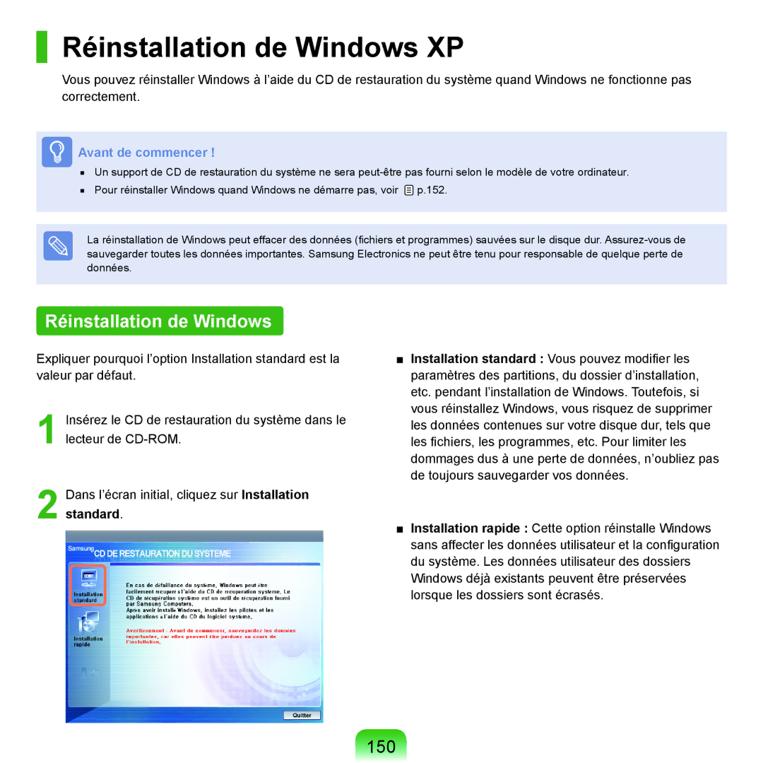 Samsung NP-P200-FA03FR, NP-P200BM/DE, NP-P200-F000DE, NP-P200-FA01FR, NP-P200-XA01FR manual Réinstallation de Windows XP, 150 